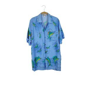 Paradise Found Hawaiian Shirt Fish Shark Blue Rayon Short Sleeve Size Medium